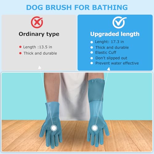Dog washing gloves | Pet grooming gloves | Extra Long Arms 17.3in,hazy blue | This pet hair removal glove is made of thickened waterproof silicone and features scratch and bite resistance. - color: hazy blue