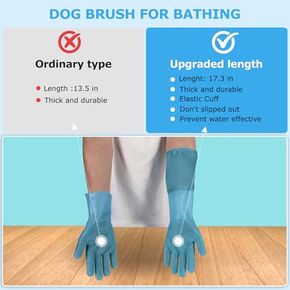 Dog washing gloves | Pet grooming gloves | Extra Long Arms 17.3in,hazy blue | This pet hair removal glove is made of thickened waterproof silicone and features scratch and bite resistance. - color: hazy blue