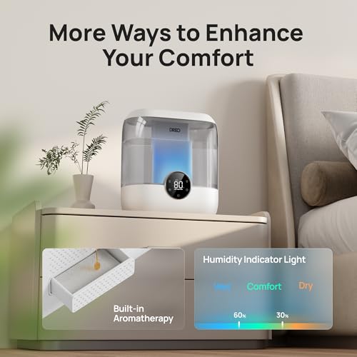 DREO 6L Humidifiers for Bedroom, 60H Runtime, 28 dB Quiet, HM524, Gray | Precise Humidity Control, Easy to Refill & Clean, Nightlight, Cool Mist Humidifiers for Large Rooms, Baby Nurseries & Plants | Precise Humidity Control, Easy to Refill & Clean, Night