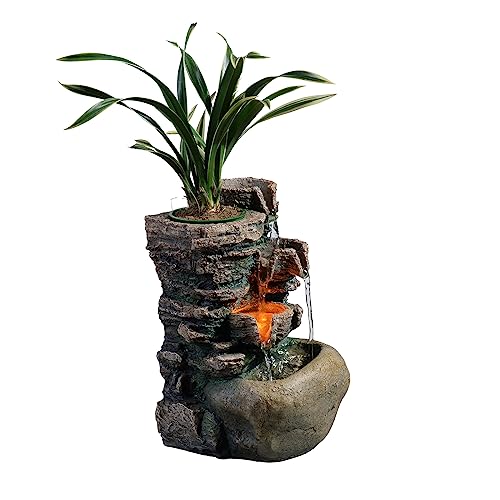 Haobos Indoor Fountain 4-Bowl Rockery Soothing Sound Tabletop Fountains Home/Office Decor with a Small Plastic Pot to Grow The Plant by Yourself(Automatic Watering)