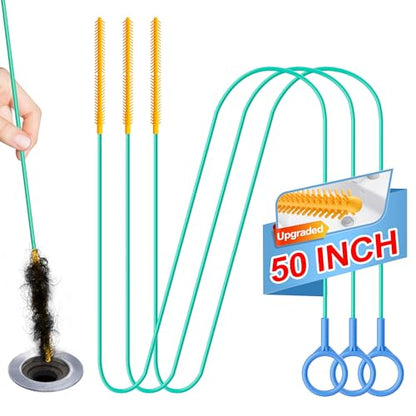 50 Inch Drain Snake, Reusable Hair Drain Clog Remover Tool, 3 Pack | Anti-break Metal Core Shower Snake, Upgraded Nylon Hook Tip, Extended Length for Bathtub, Bathroom Sink, and Pipe Cleaning.