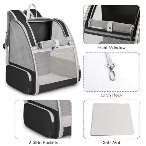 Cat Backpack Carrier, Pet Carrier Backpack with Kitten Wand Feather Toy for Medium Small Dog Cat Puppy Kitty Bunny up to 15lbs, Large Ventilated Mesh Cat Bookbag for Travel Walking Outdoor Use (Black) - color: Black