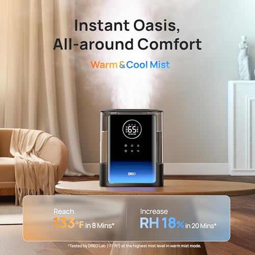 DREO 8L Smart Humidifier Large Room, 80H Runtime, Warm & Cool Mist, HM717S | Up to 600ft², Precise Humidity Control, 1500+RGB Light, 28dB, Humidifiers for Bedroom, Plants, Baby, Supports APP/Voice/Alexa - color: Black