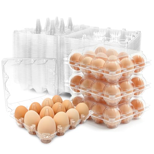 100 Pack 3x4 Plastic Egg Cartons Bulk 12 Count Clear, Reusable Stackable Dozen Chicken Eggs Containers Holders for Storage, Family, Farm Markets and Commercial Display