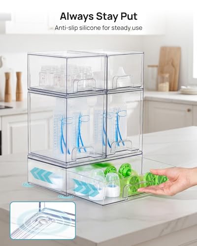 Vtopmart Stackable Storage Drawers Set of 5, Clear Plastic Organizer Bins for Baby Bottle, Beauty Supplies Storage, Ideal for Kichen Countertop, Vanity, Bathroom, Cabinet, Pantry Organization - style: 2 Small+2 High+1 Wide
