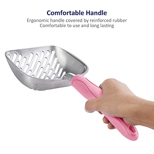 Cat Litter Scoop, Aluminum Alloy Sifter, Kitty Metal Scooper, Deep Shovel with Diagonal Sifting Hole, Long Handle, Kitten Poop Lifter for Litter Box, Medium Size, Pink Handle - color: #10 Pink, size: Medium