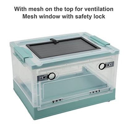Foldable Reptile Feeding Tank, Ventilated Plastic Terrarium for Lizard Tortoise Frogs, with Mesh Top and Front Door Lock, Detachable Wheels for Easy Move