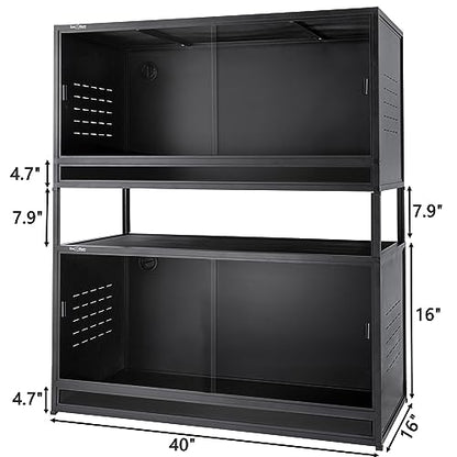 Stackable Space efficient PVC Reptile Enclosures 44 Gallon ToxiRium Large Reptile 40''x16''x16 Tank for Bearded Dragon Lizard Snake,Wide Breeding Vivarium with Sliding Doors Lock-2pcs with spacers