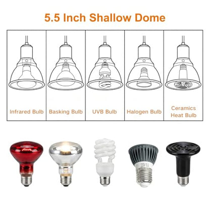 Reptile Light Fixture, 5.5 Inch Shallow Dome Light Fixture for UVA/UVB Heat Lamp, Reptile Heat Basking Bulb, Optical Reflection Heat Lamp Fixture Cover for Reptile Glass Tank Terrariums - size: Shallow Dome