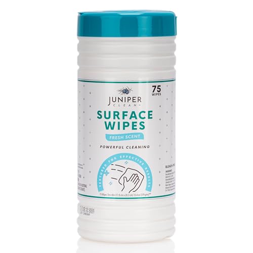Juniper CLEAN 6 Pack Surface Cleaning Wipes Bleach Free, All-Purpose Cleaner for Bathroom, Kitchen, Office, 450 Count Canister, 7.5" x 7" Sheet, Fresh Scent, Lint Free & Durable - size: 75 Count (Pack of 6)