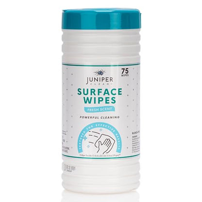 Juniper CLEAN 6 Pack Surface Cleaning Wipes Bleach Free, All-Purpose Cleaner for Bathroom, Kitchen, Office, 450 Count Canister, 7.5" x 7" Sheet, Fresh Scent, Lint Free & Durable - size: 75 Count (Pack of 6)