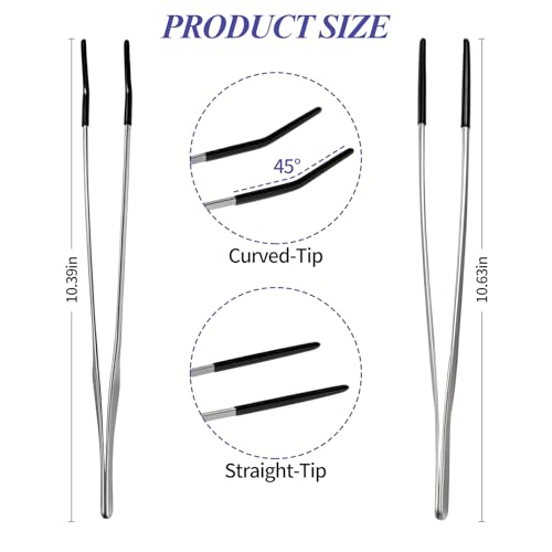 2PCS Reptile Feeding Tongs,10.6" Extra Long Stainless Steel Tweezers with Rubber Tips, Bearded Dragon Lizards Aquarium Straight and Curved Long Tweezers for Snake Feeding, Terrarium, Aquarium(Silver) - color: Silver