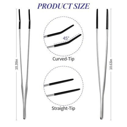 2PCS Reptile Feeding Tongs,10.6" Extra Long Stainless Steel Tweezers with Rubber Tips, Bearded Dragon Lizards Aquarium Straight and Curved Long Tweezers for Snake Feeding, Terrarium, Aquarium(Silver) - color: Silver