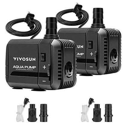 VIVOSUN 2-pack 210GPH Submersible Fountain Water Pump for Pond, Aquarium | 800L/H, 8W, Ultra Quiet Water Pump with 3.3ft High Lift and 5ft Power Cord, 2 Nozzles for Fish Tank, Hydroponics, Black - size: 6"×5"-210-2-pack