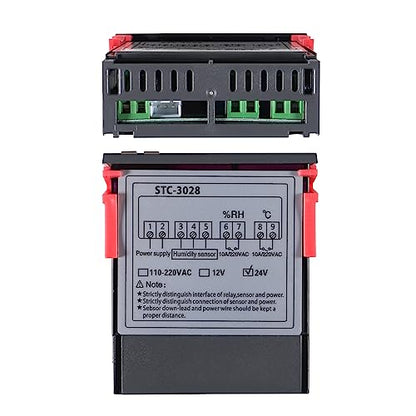 STC-3028 24V Temperature & Humidity Controller with Integrated Sensor, Dual Digital Display Thermometer Hygrometer, Incubator Controller - size: 24V