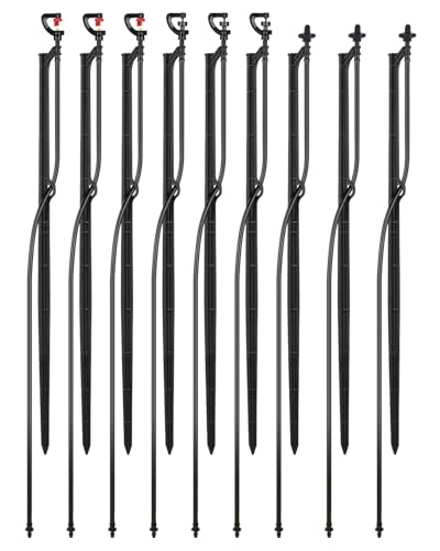 Drip Irrigation Micro Spray Emitters, 9 pcs | 180° 360° and Rectangular Sprinkler Nozzles, 3 pcs each nozzle type, 1/4-Inch Tubing, Barbed Inlet, 20-Inch High Stake - size: Mix 9 Sets Micro Spray Emitters