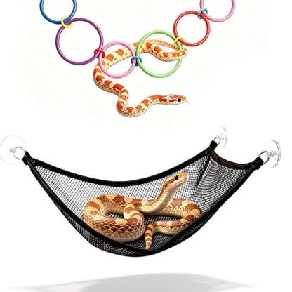 6-Ring Snake Climbing & Basking Hanging Hammock with Lounger Bed - Reptile Habitat Enrichment Accessories for Corn Snake Milk Snake Rosy Boa Tank, Lizard, Gecko Tank Decor - size: Small