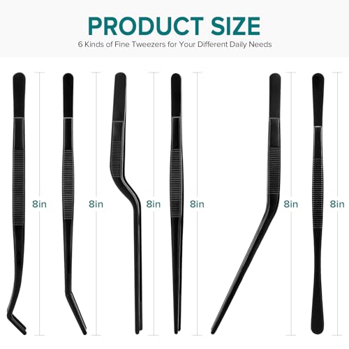 Kitchen Tweezer Tongs Set for Chef Food Plating, 6 Pcs, 8", Black | Stainless Steel, Small Chef Food Culinary Bar Thin Skinny Tweezers Tongs, Cooking Tweezers Set, For Baking Decorating Feeding - size: 8 inches