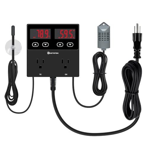 KETOTEK Digital Temperature and Humidity Controller Outlet, Reptile Thermostat Plug Dual Stage Pre-Wired for Mushroom Greenhouse Homebrew