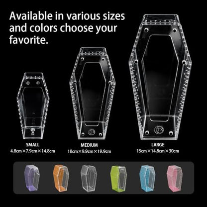 Installation-Free Acrylic Coffin Jumping Spider Enclosure - Gothic Terrarium Habitat with Magnetic Lid, Micro Reptile Breeding Box for Slings, Mantis, Isopods and Small Insects - color: transparent