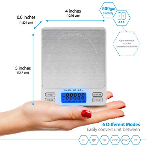 Smart Weigh Digital Pro Pocket Scale 500g x 0.01g – 6 Units: g, oz, gn, ozt, DWT, ct – High Precision for Kitchen, Herbs & Jewelry – Includes Hold/Counting, 2 Trays & Batteries - size: 500 Grams