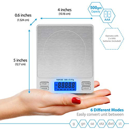 Smart Weigh Digital Pro Pocket Scale 500g x 0.01g – 6 Units: g, oz, gn, ozt, DWT, ct – High Precision for Kitchen, Herbs & Jewelry – Includes Hold/Counting, 2 Trays & Batteries - size: 500 Grams