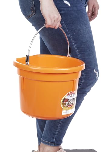 Little Giant® Flat Back Plastic Animal Feed Bucket | Animal Water and Feed Bucket with Metal Handle | 8 Quarts | Orange - color: Orange