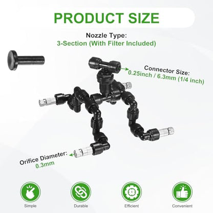 M METERXITY Reptile Mister Nozzles, 0.3mm Pore Copper 1/4" Four-Head Reptile Misting Spray Nozzle with filter Plug for Terrarium/Vivarium, 360 Degree Adjustable Nozzle [Black]