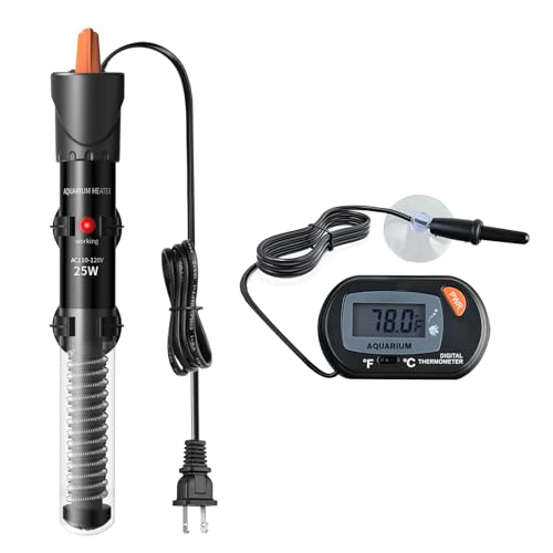 HiTauing Aquarium Heater 25W/50W/100W/200W/300W, Adjustable Knob Fish Tank Heater with Digital Thermometer, Submersible Betta/Turtle Tank Heater for Freshwater and Saltwater Tanks - size: 25W for 1-5 gallon