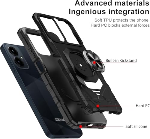 for Cricket Icon U656AC 2026 Robotic Ring Stand Hybrid Cover Phone Case + Tempered Glass + Extreme Band (Black) - color: Black