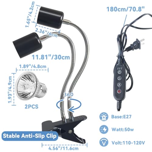BNOSDM Reptile Heat Lamp, Dual-Head UVA UVB Light for Aquarium Turtle Tank, Reptile Lamp Fixture with 2*50W Basking Light and 360° Rotatable Timing & Dimming, Tortoise Heat Lamp for Lizard Snake Chick - color: Dual-head Black