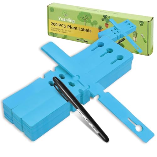 Plant Labels 200 Pcs Yuanling Plastic Plant Tree Tags Wrap Around Hanging Tags Nursery Tree Markers Adjustable Garden Labels for Indoor Outdoor Gardening Plants (Blue with 1 Marker Pen) - color: Blue