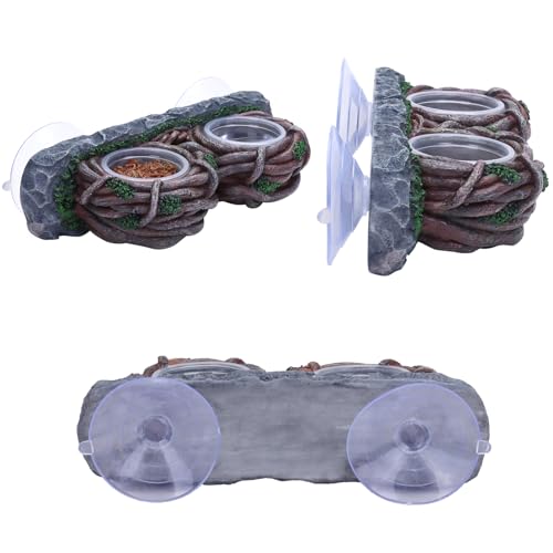 AIICIOO Crested Gecko Feeding Ledge Double Bowl Reptile Vine Food Ledge with 4 PCS Cup Corner Water Bowl for Lizard Snake Bearded Dragon Frog Turtle Terrarium Tank Decor - size: Vine Dual Feeder
