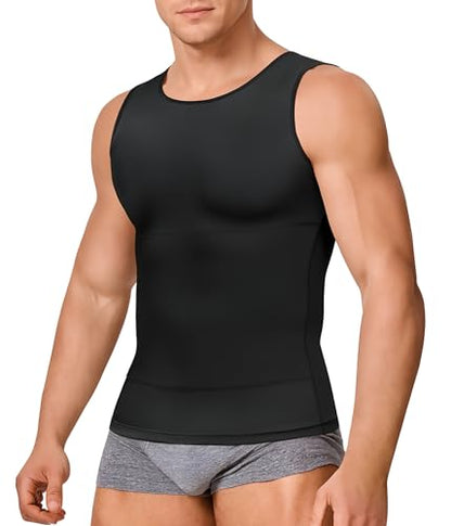 Gotoly Men's Compression Shirt Shapewear Slimming Body Shaper Vest | Man boobs slimming, double-layer tummy control, seamless round neck, invisible under fitted tees, 4-way stretch fabric - color: Black, size: Large