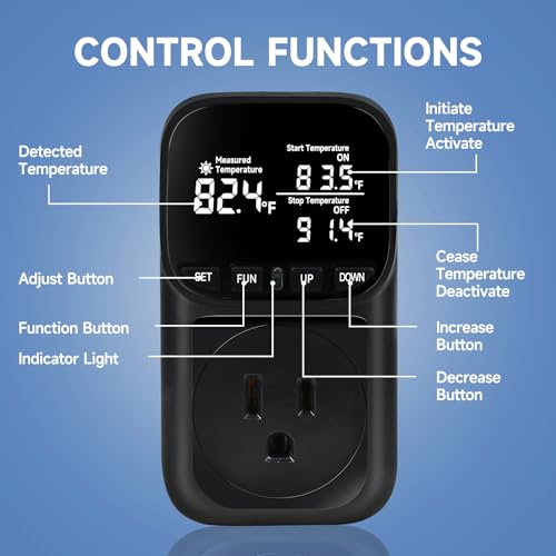 Temperature Controlled Outlet , 15A/1800W Digital Thermostat Outlet, Cyclic Timing/Countdown, -40℉~210℉ VA Display Heating Cooling Control Timer with 2Pcs Probe Cable for Reptile Incubator - color: Black