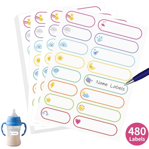 480 Pcs Waterproof Labels for Kids Stuff Daycare Name Bottle Essentials | Weather Self-Adhesive Baby Water Bottle Stickers for School Supply, Self-Laminating Write-on, Reusable Washable - style: Weather