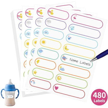 480 Pcs Waterproof Labels for Kids Stuff Daycare Name Bottle Essentials | Weather Self-Adhesive Baby Water Bottle Stickers for School Supply, Self-Laminating Write-on, Reusable Washable - style: Weather