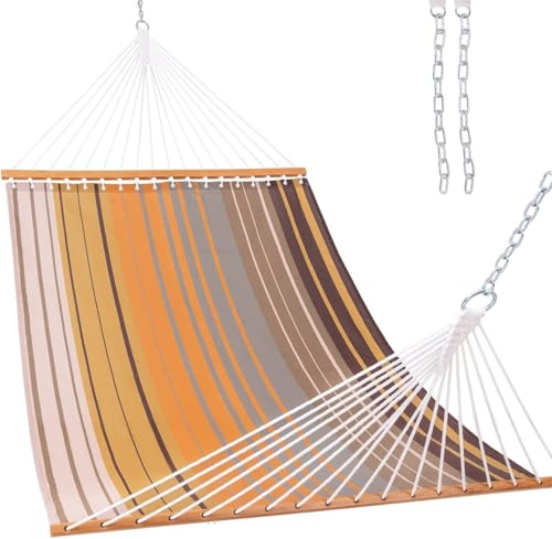 Lazy Daze Double Textliene Quick Dry Hammock with Spreader Bar for Outdoor | 11 Ft Hammock for 2 Person, Weather Resistant Fabric, 450 Lbs Capacity, Hammock Bed 78 x 55 In with Carabiners, Chains - color: Coffee Stripes