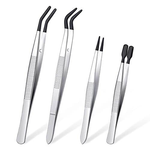 DragonflyDreams 4 Pieces Tweezers with Rubber PVC Coated Set | Straight Tip Tweezers Rubber Flat Tip Long Bent Tweezer for Crafts Stamps Beads Jewelry Tools