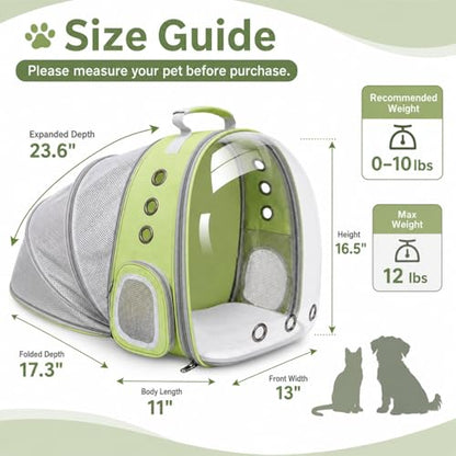 Expandable Cat Carrier Backpack with Bubble Window and Mesh, Light Green | Anti-collapse frame, breathable mesh, escape-resistant zipper clips and safety leash for vet visits and outdoor travel. - color: LightGreen