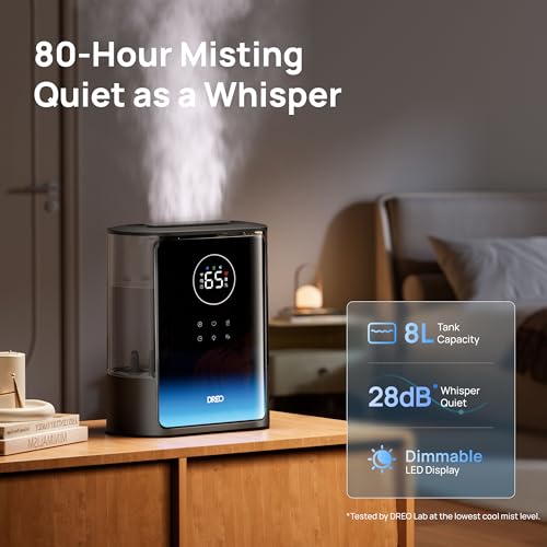 DREO 8L Smart Humidifier Large Room, 80H Runtime, Warm & Cool Mist, HM717S | Up to 600ft², Precise Humidity Control, 1500+RGB Light, 28dB, Humidifiers for Bedroom, Plants, Baby, Supports APP/Voice/Alexa - color: Black