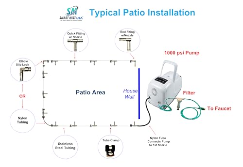 App Controlled High Pressure Misting Mister System Kit 1000 PSI Stainless Steel Tubing DIY Patio Greenhouse (40' w/ 20-.006" Nozzles for Most Hot Climates, Stainless Steel Tubing) - style: 40' w/ 20-.006" Nozzles For Most Hot Climates