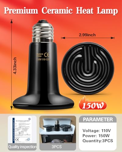 150W Ceramic Heat Emitter Bulb 2-Pack – Energy-Efficient Reptile Heat Lamp, No Light Disturbance, Ideal for Turtles/Snakes/Chickens – Dual Backup Set for Terrarium & Pet Enclosures - size: 2