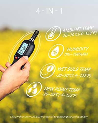 Humidity and Temperature Meter, Digital Hygrometer Handheld | Measure Dew Point, Wet Bulb, Ambient Temp, Humidity Thermometer Gauge, Psychrometer for Home, Room, Indoor, Outdoor HVAC