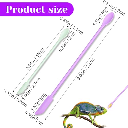 4 Pcs Reptile Feeding Tongs, Silicone Crested Gecko Food Spoon Set, Long Handle Reptile Spoon & Spatula for Lizard Gargoyle Bearded Dragon, Dual Size Purple Green Mixing Stirring Tool for Powder Fruit