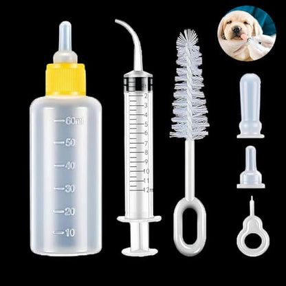 60ml Small Animal Nursing Bottle & 12ml Curved Syringe Feeder Set - for Kittens, Puppies, Hamsters, Chinchillas, Squirrels, Rabbits & Other Small Pets