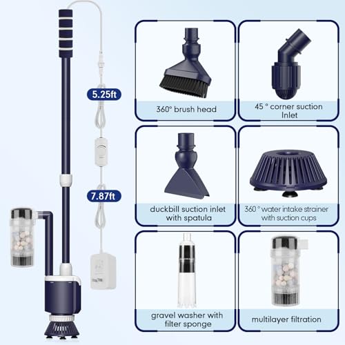 AQQA Fish Tank Cleaner,DC34W/600GPH Adjustable Flow Aquarium Gravel Vacuum | Multi-Filtration Purifies Water Electric Cleaning Kit for Water Change Water Circulation Wash Sand Gravel 110V-240V