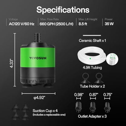 VIVOSUN 660GPH Sub Water Pump for Fish Tank, Pond, Aquarium, Hydroponics | 35W Submersible Water Pump, with Adjustable Flow, 4.9ft Tubing, Additional Ceramic Shaft, and Outlet Adapters, for Fountains - size: 6"×5"-660
