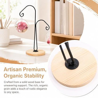 WRINGKIT 4 Pack Ornament Display Hanger Stand, Wood Base, Double Hook-Style | Sturdy Ornament Holder, Metal Air Plant Flower Pot Hanging Terrarium Stand for Christmas Halloween Decoration, Glass Globe