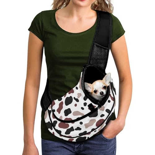 COEQINE Hands-Free Rich Brown Cow Hide Front View Cat Sling Carrier Classic Mesh Bag Small Cats Ranch Outing - color: Brown Cow Print